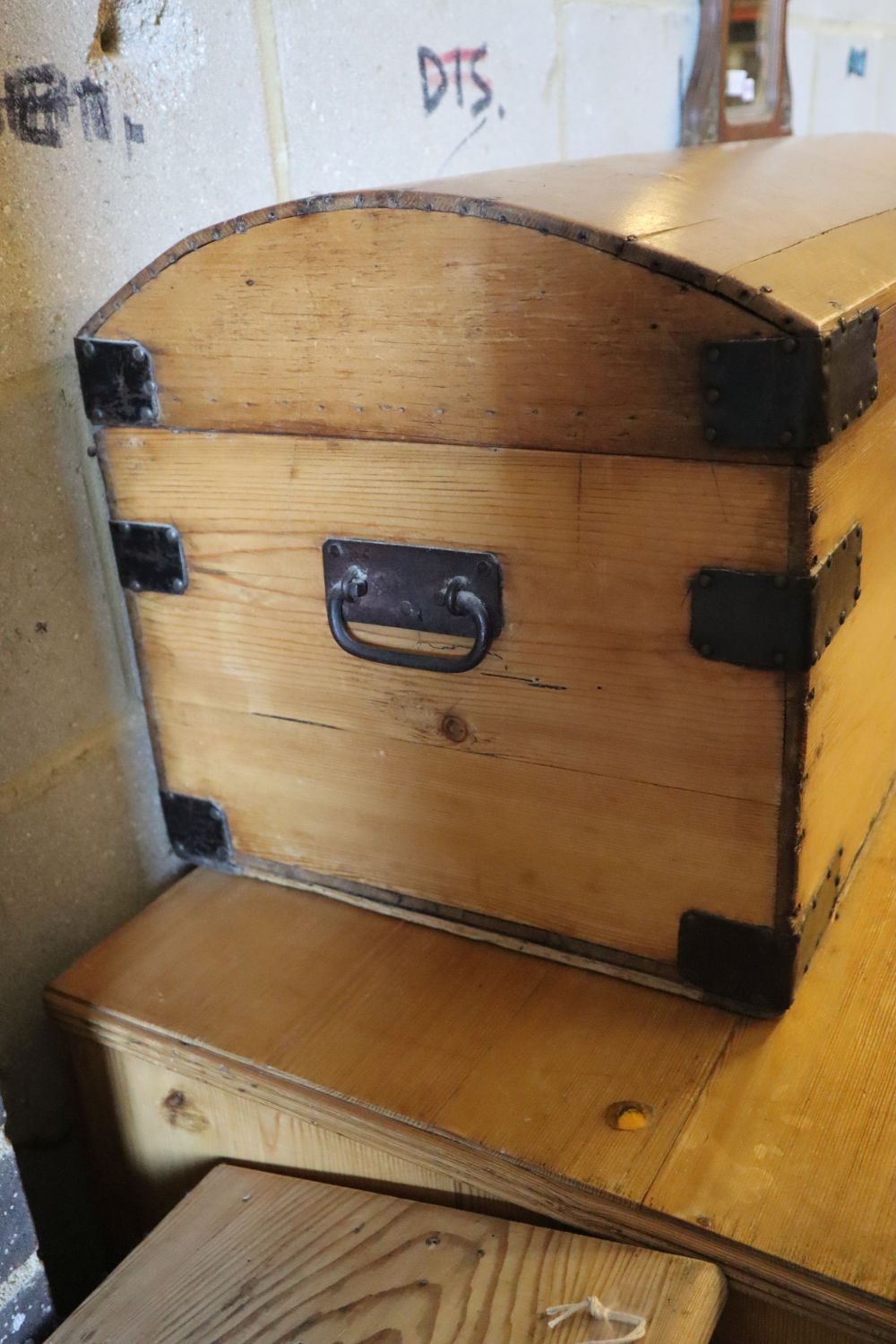 A Victorian iron bound domed top pine trunk, width 79cm, depth 42cm, height 41cm